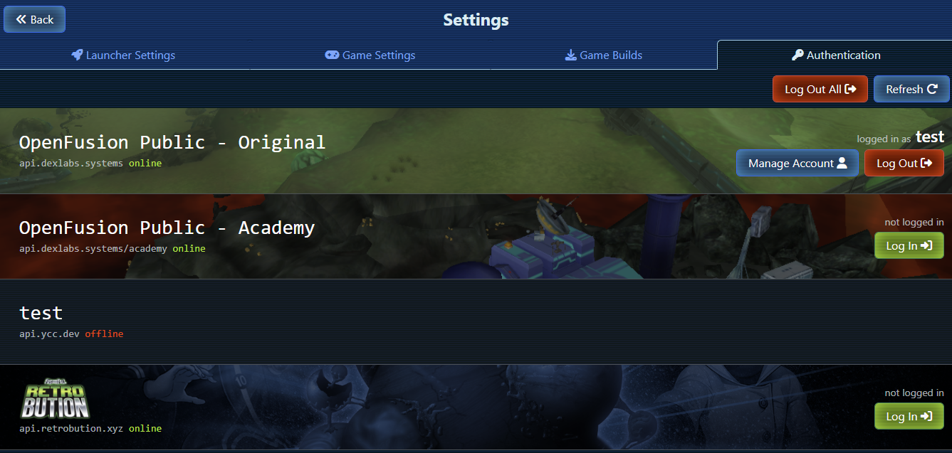 The authentication tab of the launcher settings