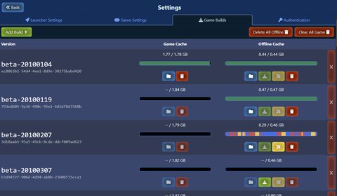 The game builds tab of the launcher settings