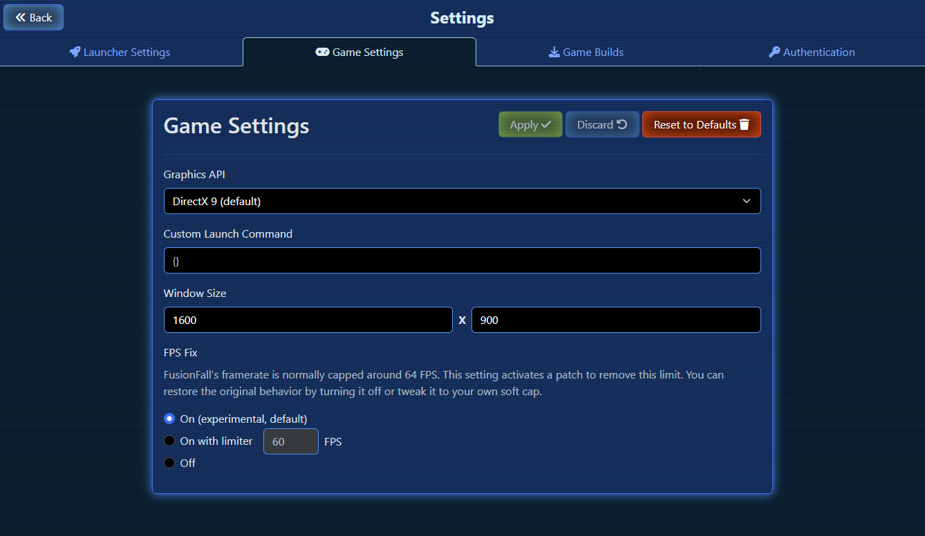The game tab of the launcher settings
