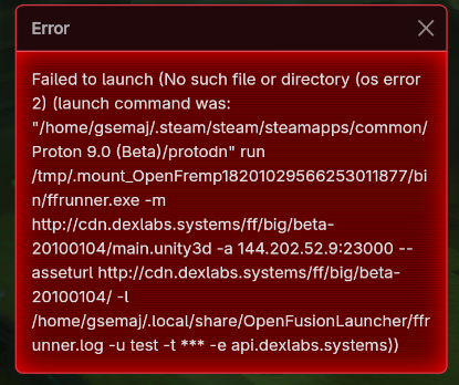 An error message being displayed in the launcher