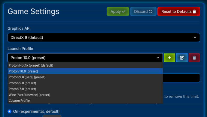 A dropdown showing selectable launch profiles