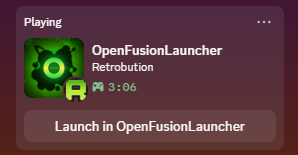 A Discord activity card shows “OpenFusionLauncher” with the status “Retrobution” and an elapsed time of 3:06. A button at the bottom reads “Launch in OpenFusionLauncher.”